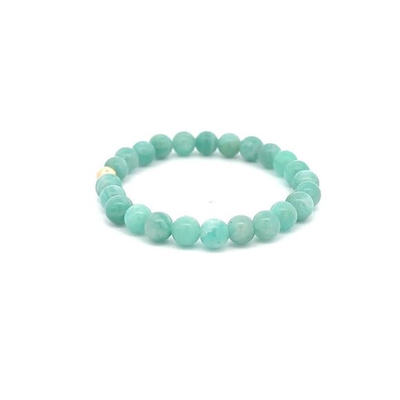 Natural Amazonite Peru 6mm Stretchable Bracelet 18k Gold Bead Charm - Picture 5 of 5